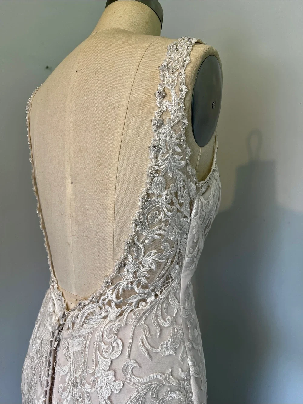 Ivory-Champagne V-Neck Lace Mermaid Wedding Dress - Picture 9 of 12